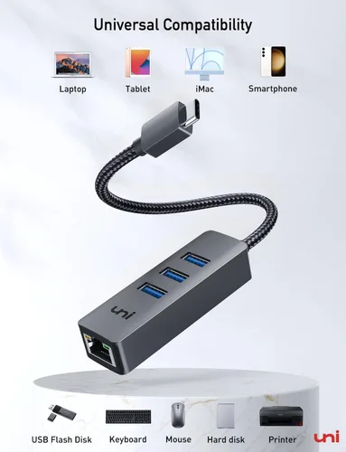 Vista 8 de uni Adaptador USB-C a Ethernet, HUB USB C Ethernet 1Gbps con USB 3.0 4EN1, [Compatible con Thunderbolt 4/3] Adaptador de red USB C para MacBook
