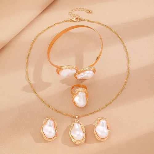 Vista 7 de HETICA Collar con colgante de perlas barrocas de 5 piezas, collar, anillos, aretes, pulsera, irregular, conjunto de joyas de perlas de regalo