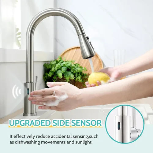 Vista 2 de Kicimpro Grifo de cocina sin contacto con pulverizador desplegable de níquel cepillado, grifo de cocina sin contacto con sensor de movimiento