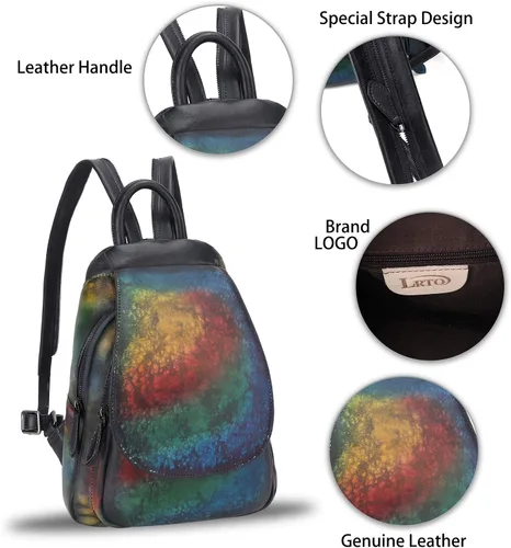 Vista 6 de LRTO Mochila de cuero genuino para mujer, mochila vintage casual para universidad, hecha a mano, mochila occidental de piel de vacuno