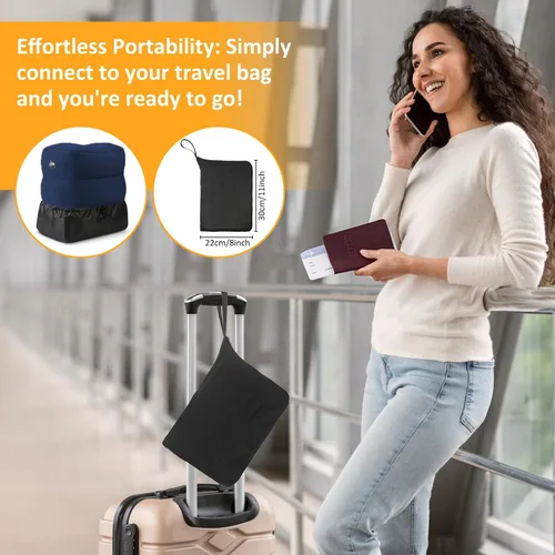 Vista 8 de Almohada inflable con reposapiés para viajes, altura ajustable, con máscara para los ojos y tapones para los oídos para niños y adultos en avión