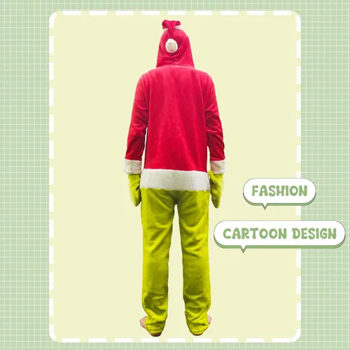 Vista 6 de Mono de Papá Noel, monstruo verde, unisex, para adultos, pijama con capucha de Navidad, disfraz de fiesta