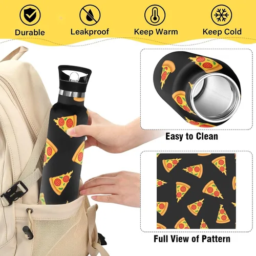 Vista 4 de Kids Water Bottle with Straw 20 Oz Water Bottle Insulated for Boys Girls, BPA-Free, Cartoon Slices Pizza Black