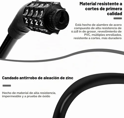 Vista 4 de Cable de bloqueo de bicicleta, accesorios para bicicleta, cerraduras de bicicleta resistentes antirrobo, cerradura de cable de combinación