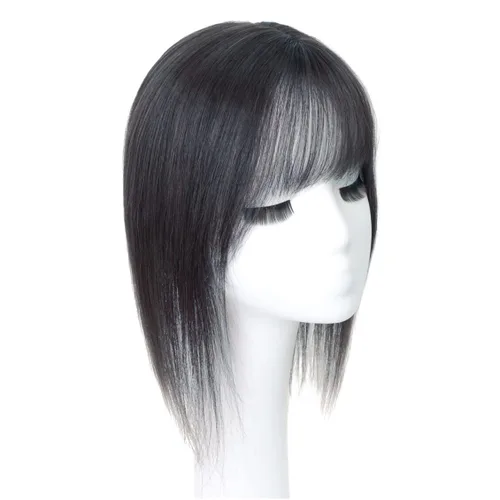 Vista 8 de Parte media parte de seda parte base cabello humano Topper 2.8x3.9 in frente recto clip en postizo con flecos Wispy 7.9 in negro apagado