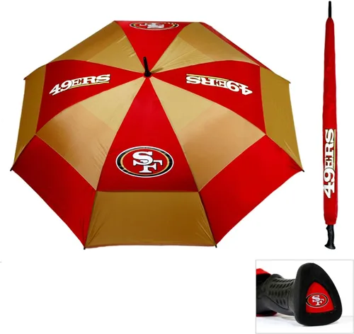 Vista 2 de Team Golf NFL San Francisco 49ers - Paraguas de golf de 62 pulgadas con funda protectora, diseño de protección contra el viento de doble toldo