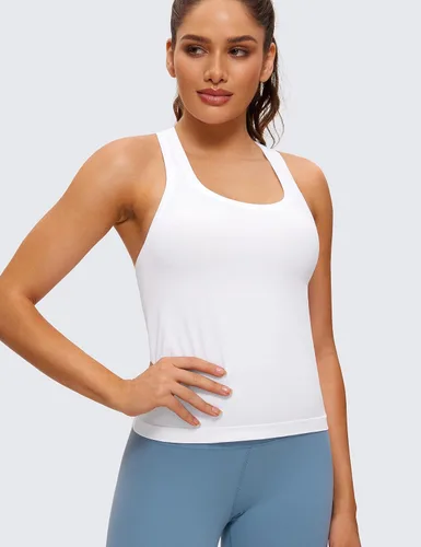 Vista 2 de CRZ YOGA Camiseta sin mangas sin costuras para mujer, espalda cruzada, sin mangas, para entrenamiento, atlética, cuello redondo, para correr, yoga
