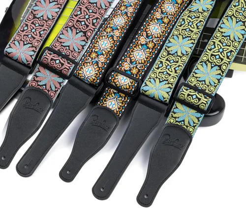 Vista 7 de Correa de guitarra, correas de algodón bordado jacquard con extremos de cuero genuino correa de hombro para bajo, acústico, guitarra eléctrica