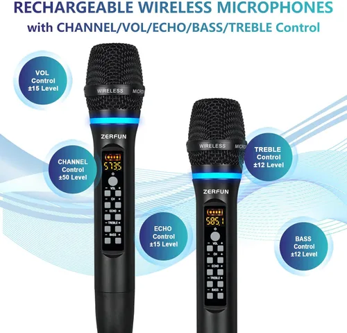 Vista 3 de Micrófonos inalámbricos duales recargables, sistema de micrófono inalámbrico de metal UHF micrófono inalámbrico profesional con control de eco