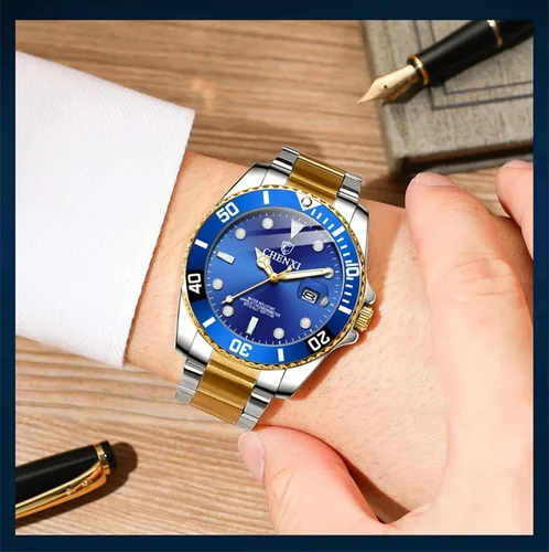 Vista 7 de MASTOP Reloj para hombre, de acero inoxidable, de dos tonos, impermeable, analógico, de cuarzo, con calendario
