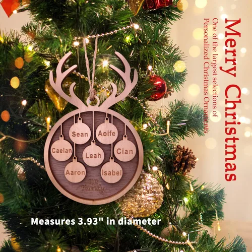 Vista 2 de Adorno de Navidad familiar personalizado 2023, adornos de madera para árbol de Navidad con cuerda pequeña, de 1 a 10 nombres personalizados
