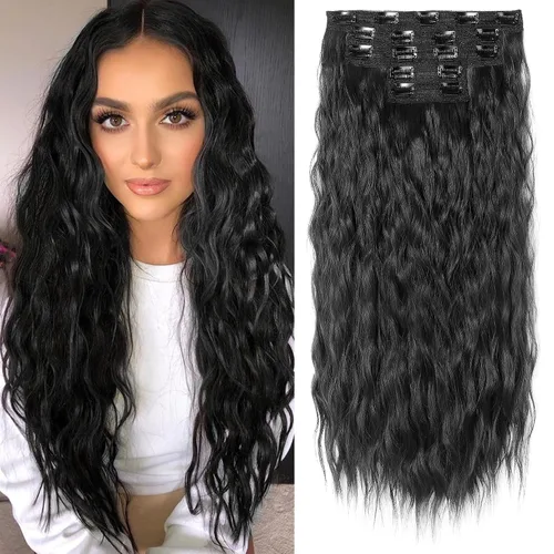 Vista 19 de REECHO Extensiones de cabello con clip, 5 piezas, de 24 pulgadas, de color rubio ceniza, extensiones de cabello con ondas largas y sueltas, HE002