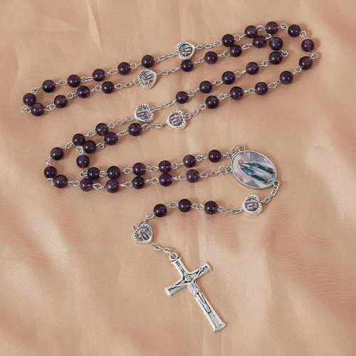 Vista 7 de Nazareth Store Cuentas de piedra natural con corazón de epoxi milagroso, cuentas de metal, collar de rosario, regalos cristianos de piedras preciosas