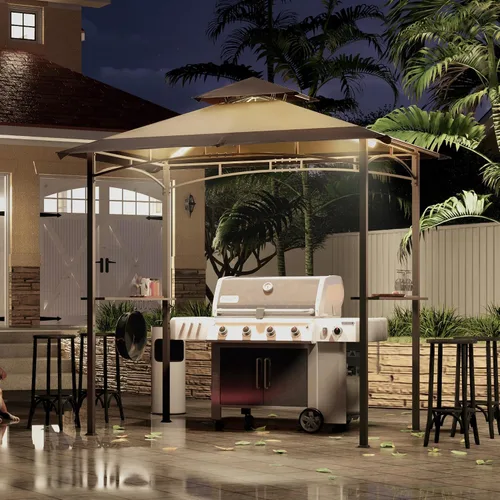 Vista 5 de MASTERCANOPY Gazebo de parrilla de 8 x 5 para exteriores, toldo con 2 luces LED (costuras marrones caqui)