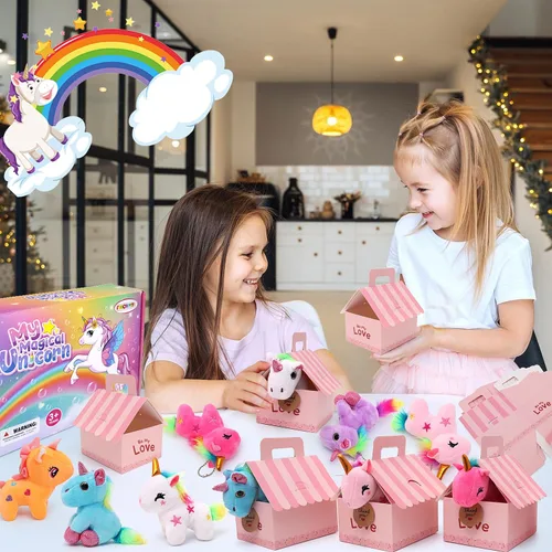 Vista 5 de Recuerdos de fiesta de unicornio, animales de peluche de unicornio para niñas, mini animales de peluche, llavero de peluche a granel, regalos