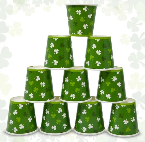 Vista 3 de Gift Boutique Paquete de 100 vasos de papel de trébol del día de San Patricio de 2 onzas, mini tazas de trébol verde para fiestas, postres