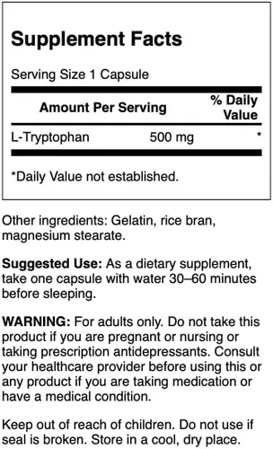 Vista 2 de Swanson L-triptófano - Suplemento de aminoácidos - Descanso y relajación - (60 cápsulas, 500 mg cada una)