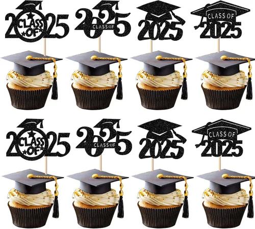 Vista 16 de Paquete de 24 adornos para cupcakes de graduación 2025 con purpurina I Am Done Diploma Felicidades Graduado Cap Cupcake Picks Class Of 2025