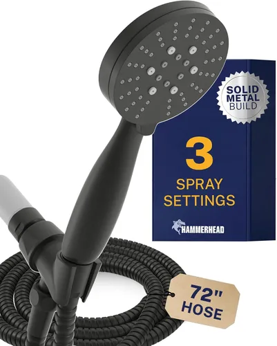 Vista 13 de HammerHead Showers Solid Metal 3-Spray Handheld Shower Head with Long Hose and Holder, High Pressure, Wide/Massage/Mist Sprays, Brushed Nickel, 1.75