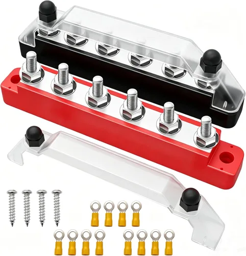 Vista 7 de (rojo + negro) Bloque de terminales de distribución de energía con cubierta con pernos de terminal M6, tornillos de terminal M4, barra de bus