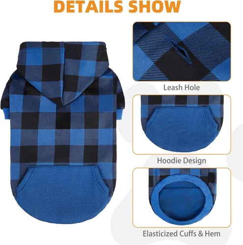 Vista 3 de KOOLTAIL Sudadera a cuadros con capucha, con gorro y bolsillo, para perros pequeños, medianos y grandes y gatos, abrigo suave y cálido para invierno
