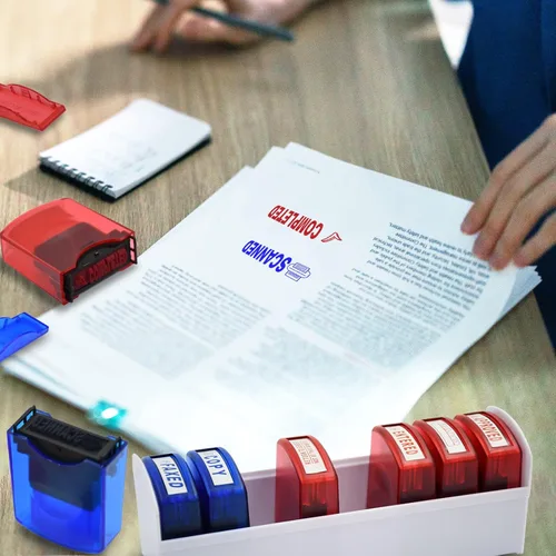 Vista 4 de Juego de sellos de oficina autoentintables para sellos aprobados, pagados, completados, copias, faxeados, escaneados, sello de goma para negocios 8