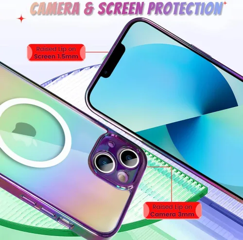 Vista 5 de Bonoma Funda magnética para iPhone 13 【Soporte para Magsafe】Protector de cámara de lujo de cristal fluorescente iridiscente con láser brillante + 2