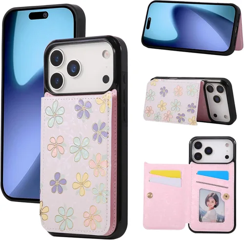 Vista 13 de UEEBAI Funda tipo cartera para iPhone 13 con tarjeteros, piel sintética, diseño floral, función atril, bloqueo RFID, doble cierre magnético, funda