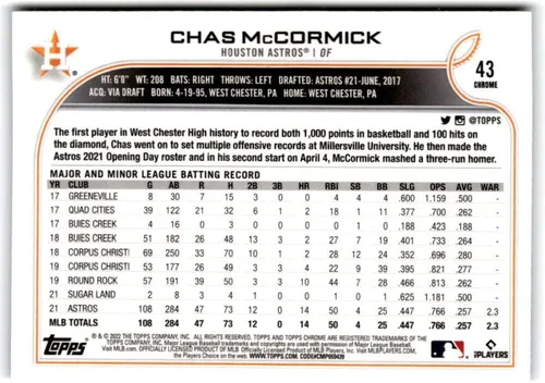 Vista 2 de 2022 Topps Chrome Prism Refractor #43 Chas McCormick RC Rookie Houston Astros MLB Baseball Trading Card