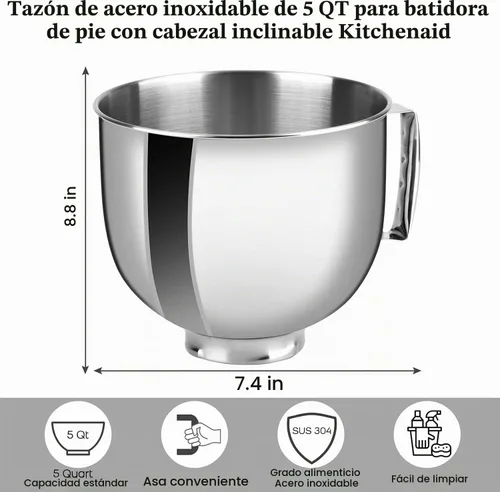 Vista 3 de Tazón inoxidable compatible con mezclador Kitchenaid 4.5/5QT Plata con tapa verde