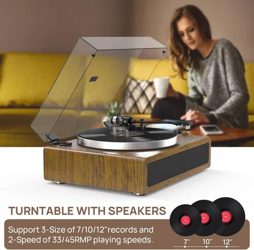 Vista 4 de Tocadiscos con altavoces incorporados, reproductor de discos de vinilo con soporte para reproducción Bluetooth, parada automática, velocidad de 33