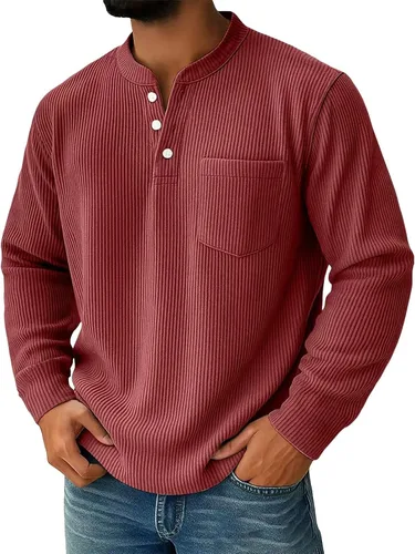 Vista 5 de Sudadera Henley para hombre, cuello en V a rayas, ajuste holgado, suéter de manga larga con bolsillos