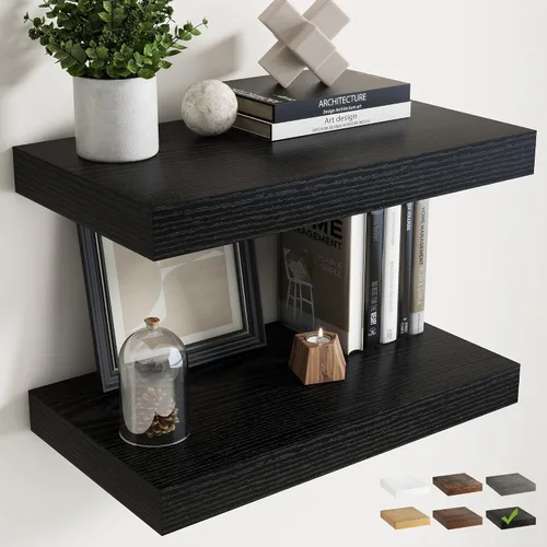 Vista 23 de Juego de 2 estantes flotantes de 16 pulgadas para pared, estantes de baño de grano de madera de 12 pulgadas de profundidad con soportes invisibles