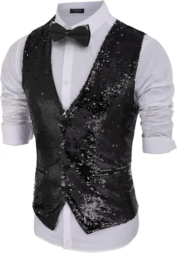 Vista 2 de COOFANDY Chaleco de lentejuelas para hombre, con cuello en V, brillante, elegante, chaleco