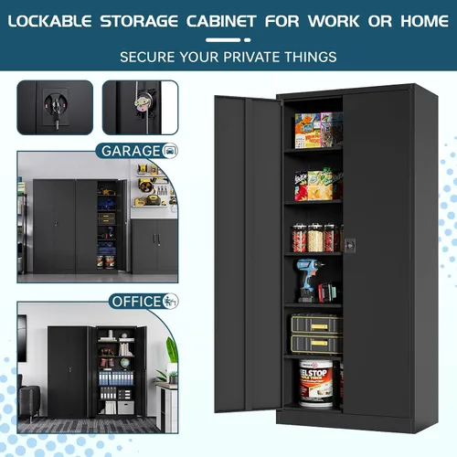 Vista 4 de MIIIKO Gabinete de Metal para Almacenamiento, Gabinete de Almacenamiento de Acero Alto con Puerta con Cerradura y 5 Estantes, Organizador de Negro