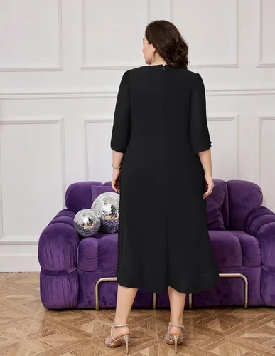 Vista 4 de Hanna Nikole Vestido de cóctel de gasa para mujer, talla grande, con volantes, manga 34, vestidos de fiesta de invitados de boda con dobladillo alto