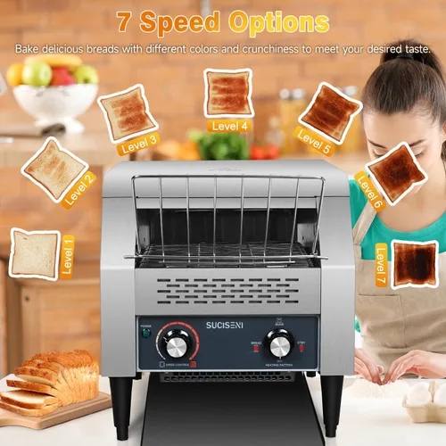 Vista 5 de Tostadora comercial de 300 rebanadas/hora 1900 W, tostadora industrial de alta resistencia, horno eléctrico de acero inoxidable con tubo