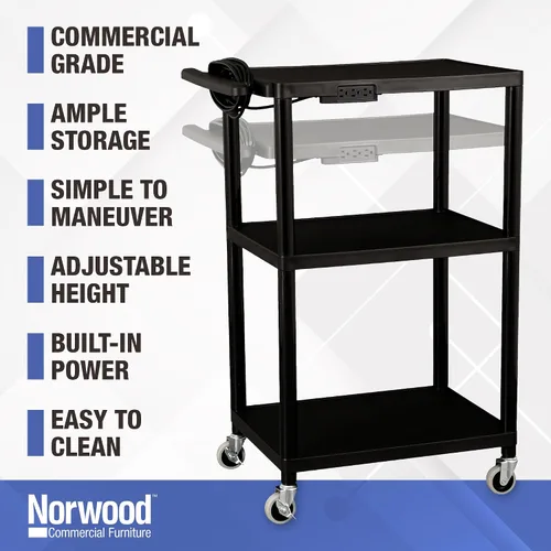 Vista 3 de Muebles Norwood Comercial NOR-OUG1042-SO, altura adjustable, móvil carrito utilitario de plástico AV negro con banda de alimentación