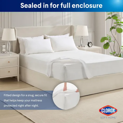 Vista 7 de Clorox Protector de colchón ajustable impermeable, vinilo impermeable, protección duradera contra derrames y manchas, cierre elástico, tamaño Queen