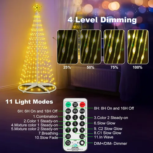 Vista 4 de Árbol de Navidad iluminado con conos, 250 luces LED de 1.8 m con 11 modos de iluminación, temporizador, control remoto, árbol artificial de Navidad