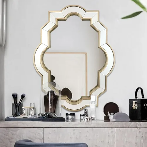 Vista 3 de Espejo festoneado dorado, espejos decorativos rectangulares grandes para decoración de pared, marco montado en la pared, espejo de latón, tocador