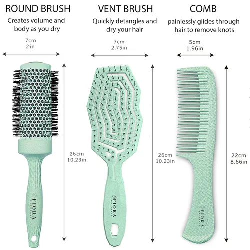 Vista 5 de Fiora Naturals - Juego de cepillos para el cabello para mujer, desenredante, cepillo redondo y peine Set de regalo verde