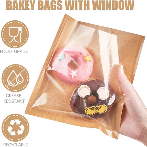 Vista 3 de ZORRITA Bolsas de panadería termosellables con ventana, paquete de 200, 7.1 x 7.5 pulgadas Papel Kraft, resistente a la grasa, bolsas de bagel