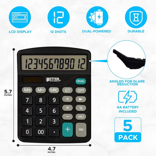 Vista 4 de Better Office Products Calculadoras de escritorio grandes, paquete de 5, pantalla LCD de 12 dígitos, panel de visualización en ángulo, función