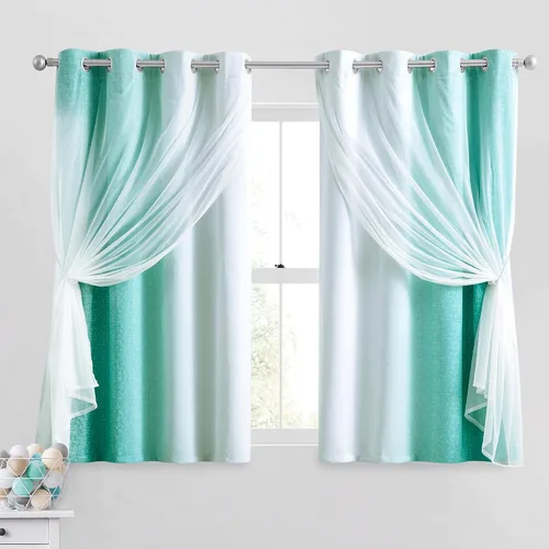 Vista 34 de Cortinas 100% opacas con superposición de gasa Mix and Match de doble capa, 54 pulgadas de largo, 2 paneles para dormitorio y sala de estar, azul