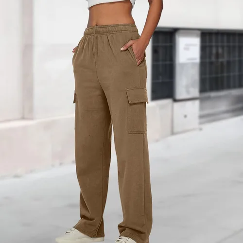 Vista 4 de BBIQI Pantalones deportivos tipo cargo para mujer, pierna ancha, holgados, pierna recta, cintura alta, pantalones deportivos casuales con bolsillos