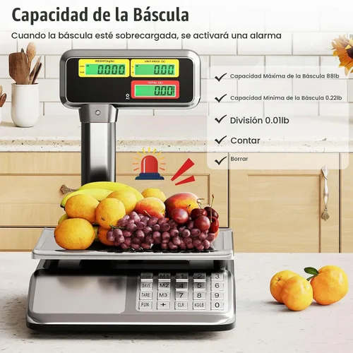 Vista 3 de S AFSTAR Báscula de cálculo de precios con pantalla de poste, báscula comercial de alimentos de 88 lb con plataforma de acero inoxidable, batería