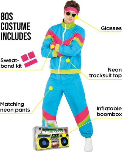 Vista 2 de Morph Traje deportivo neón de los años 80 para hombre, disfraz de los años 80 para mujeres, disfraces de Halloween para adultos, trajes deportivos