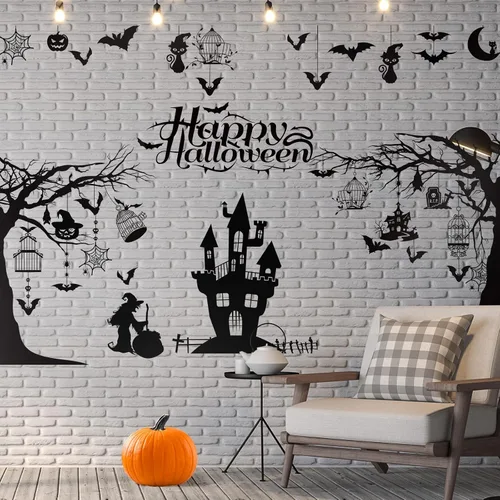 Vista 7 de Zonon 3 hojas de calcomanías de pared de Halloween extraíbles DIY Bat Castle Stickers Large Black Halloween Window Clings, Peel and Stick Spooky