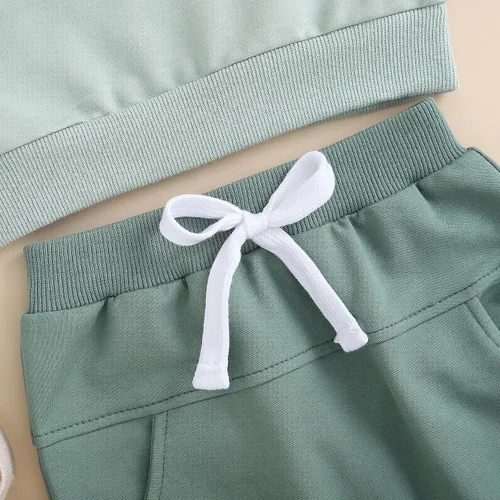 Vista 6 de BeQeuewll Ropa para bebé niño de otoño e invierno, 2 piezas, bloque de color, sudadera y pantalones con cuello redondo